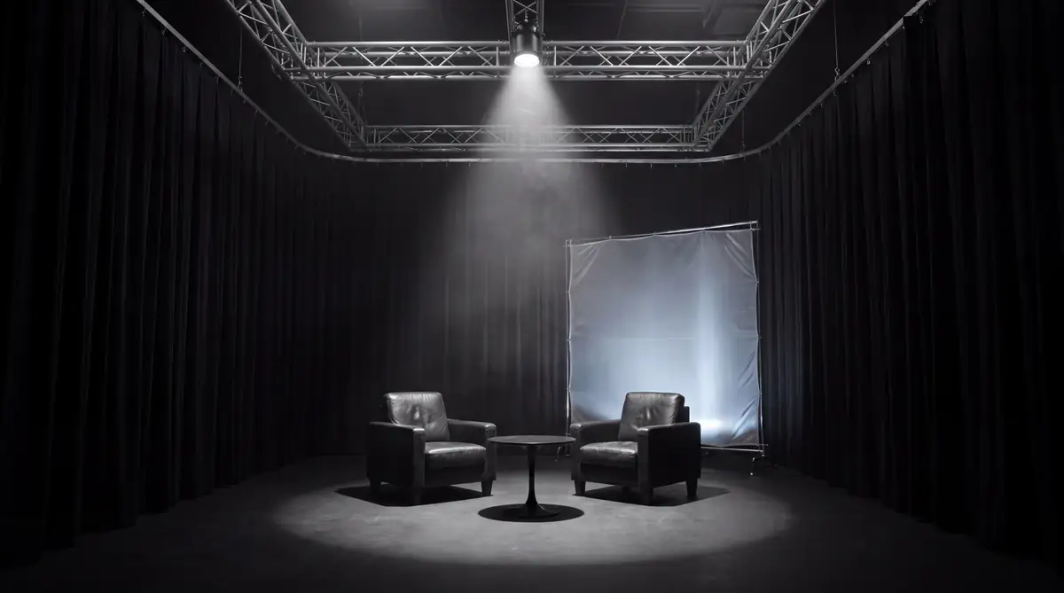 One spotlight falls on two empty chairs in a dark studio.